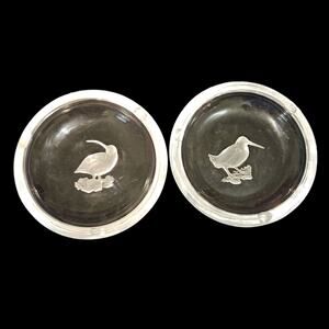 Pair Val St. Lambert Crystal Ashtrays 6" – Etched Shorebirds on Rock – Belgium